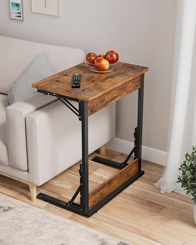 Tatub Folding TV Tray Table Set of 2, 24" Wide C-Shaped End Table for Couches, Small Sofa-Side Laptop Desk with Metal Frame for Living Room, Bedroom, Brown