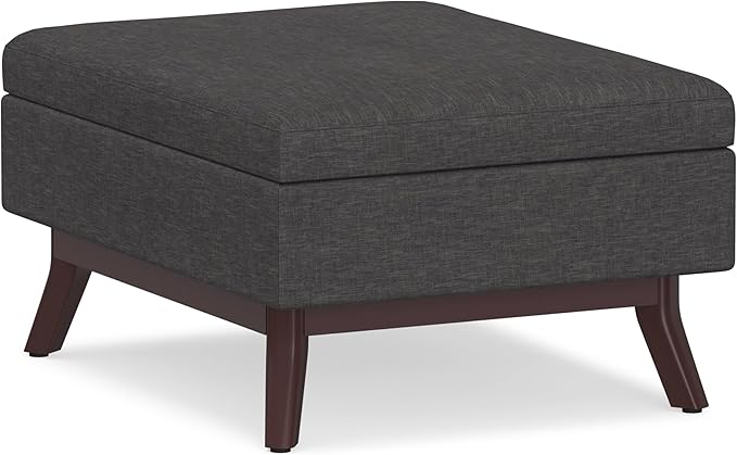 SIMPLIHOME Owen 34 inch Wide Mid Century Modern Rectangle Coffee Table Storage Ottoman in Slate Grey Linen Look Fabric, Assembled, For the Living Room, Entryway and Family Room