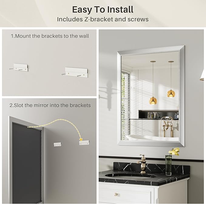 24x30 Inch Silver Bathroom Mirror for Wall, Thick Metal Framed Rectangle Mirrors for Over Sink, Bedroom, Living Room, Entryway, Anti-Rust, HD Tempered Glass