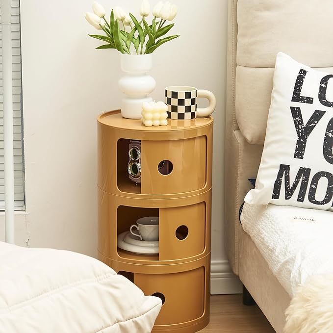 Round Nightstand with 3 Drawers, Modern Style Side Table, Multifunctional End Table Storage Cabinet for Living Room, Bedroom, Bathroom (Orange)