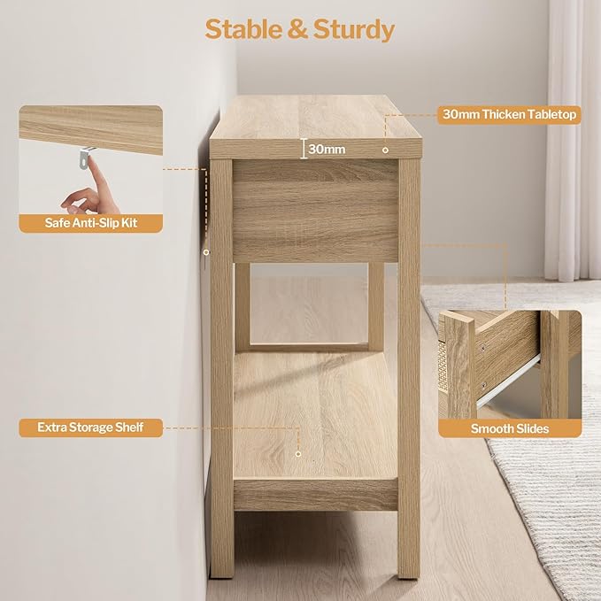 SICOTAS Console Table Set of 2 - Boho Entryway Table with Storage and Rattan Drawers, 2 Tier Shelf, Narrow Long Sofa Tables for Living Room, Natural Entry Table for Hallway, Foyer