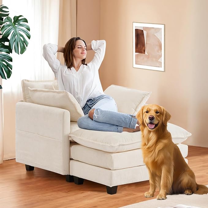 Furniliving Oversized Accent Chair with Ottoman, Luxury Chenille Single Sofa, Upholstered Deep Seat Chaise Lounge with Pillows for Living Room, Bedroom, Apartment, Beige