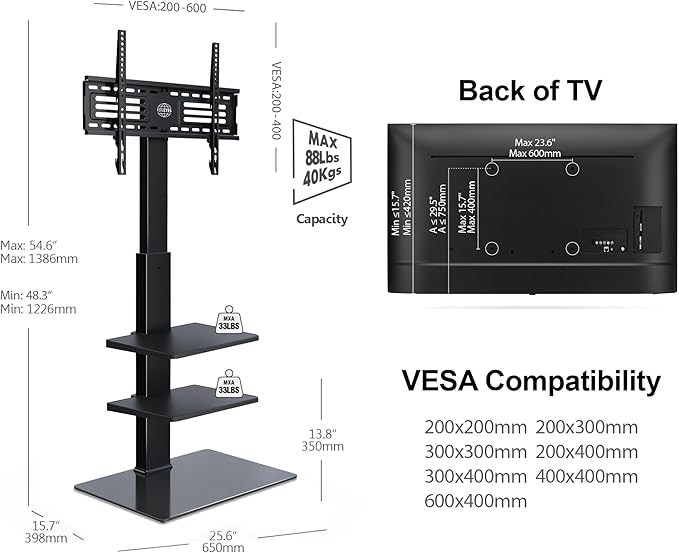 FITUEYES Swivel Floor TV Stand with Mount for TVs 37 43 50 55 60 65 70 75 Inch LCD LED Flat/Curved Screens Universal Swivel Televisions TV Mount Stand for Bedroom Living Room Black Tempered Glass Base