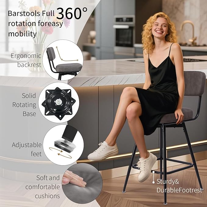 Swivel Counter Height Bar Stools Set of 2, Faux Leather Bar Stools with Back, Metal Legs and Footrest, 26" Seat Height Barstools for Kitchen Islands and Home Bars, Easy Assembly, Grey&Black