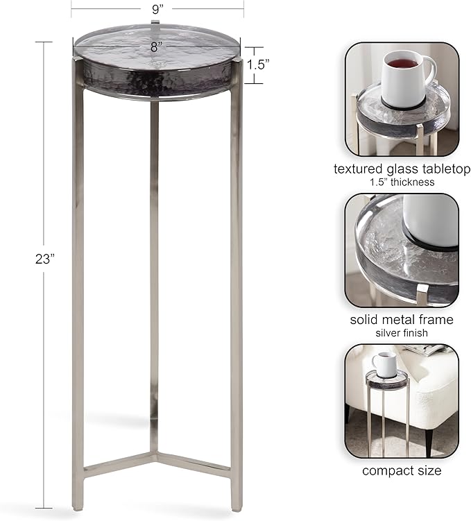 Kate and Laurel Aguilar Modern Drink Table, 9 x 9 x 23, Silver with Tinted Glass, Detailed Glass Accent Table for Small Spaces