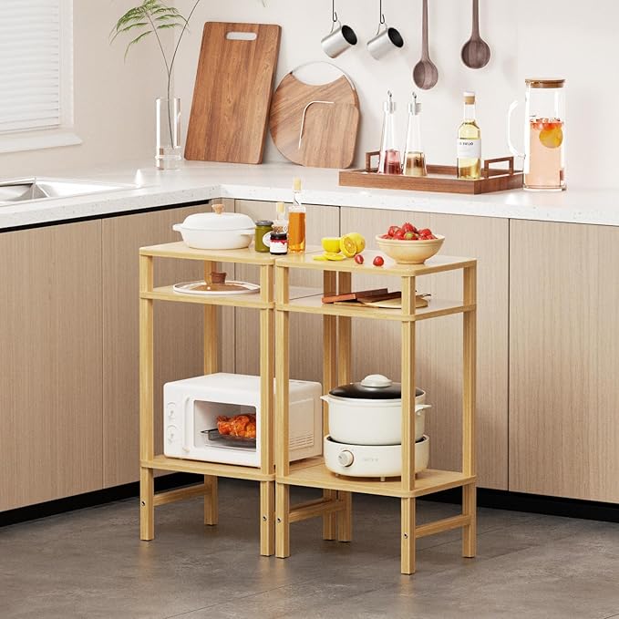 28in Tall Bamboo Side Table Set of 2, 3-Tier Small Narrow End Table for Couch, Skinny Nightstand for Small Space, Farmhouse Slim Night Stand with Storage, Wooden Thin Bedside Table, Natural