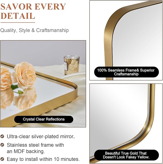 ANDY STAR Gold Bathroom Mirror, 24x36 Brushed Brass Rectangle Metal Frame Mirror for Bathroom, Modern Rectangular Wall Mounted Mirror for Vanity