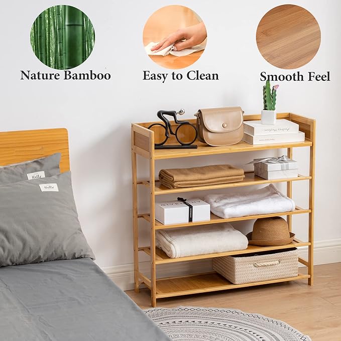 Bamboo Shoe Rack Organizer, 5 Tier Shoe Shelf Storage Organizer, for Entryway, Hallway, and Closet (Nature-31.5)