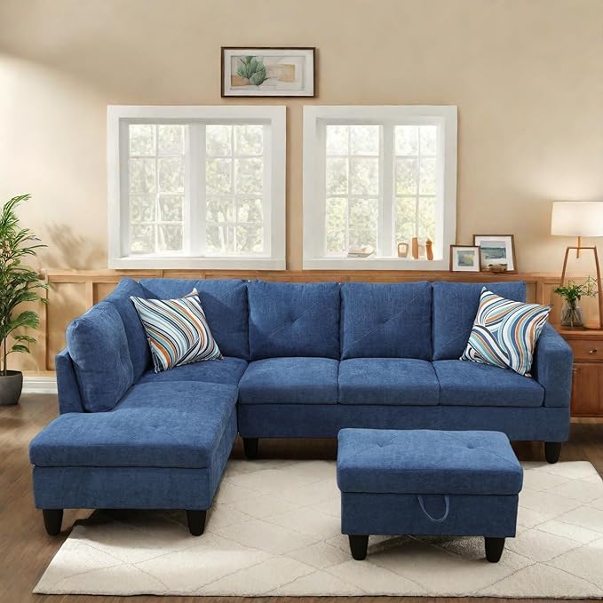 97" L Shaped Sectional Couch, Modern 4 Seat Modular Sectional Sofa with Storage Ottoman, Living Room Sets for Small Spaces, Apartment, Linen, Blue