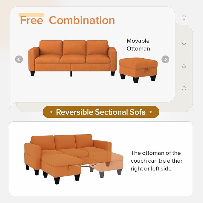 ZeeFu Convertible Sectional Sofa Couch,Classic 3 Seat L-Shaped Sofa Set with Movable Ottoman, Modern Orange Velvet Upholstered Small Sectional Sofa Couch for Small Space Apartment Living Room Office