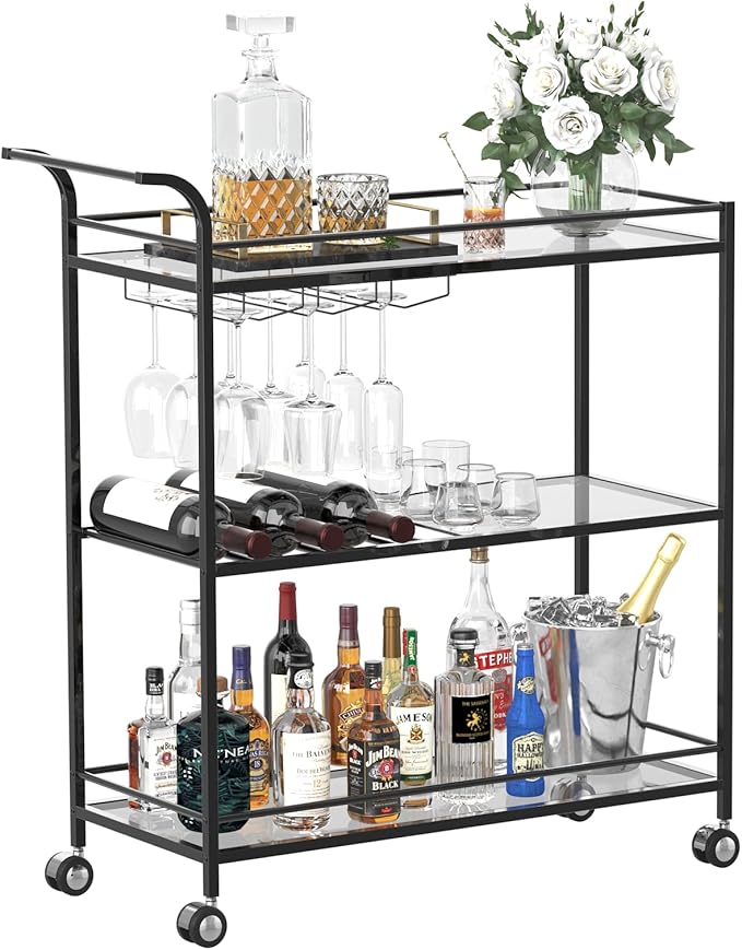 Black Bar Cart, Home Bar Serving Cart with Handle, Wine Cart with 3-Tier Glass Shelves, Beverage Cart with Wine Rack and Glass Holder, Bar Carts for The Home, Dining Room, Living Room
