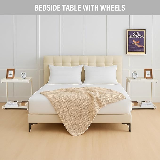 CozyDH Adjustable C Shaped End Table, Rolling Side Table Solid Wood TV Sofa Tray Table for Couch Arm Eating Multi-Purpose, Small Coffee Table with Wheels Living Room Bedroom, White