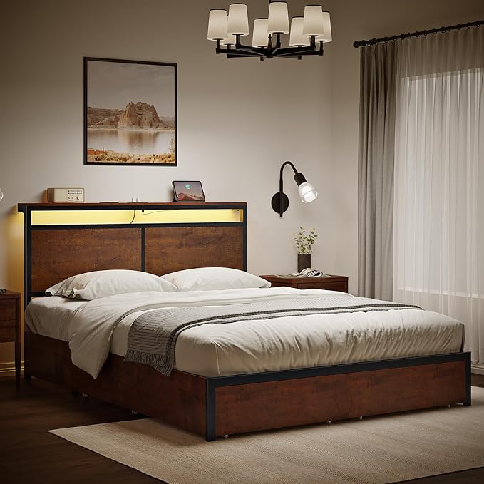 Queen Bed Frame with Storage Headboard and 4 Drawers Bed Frame Queen Size with Charging Station LED Lights Metal Platform Non-Slip Without Noise No Box Spring Needed