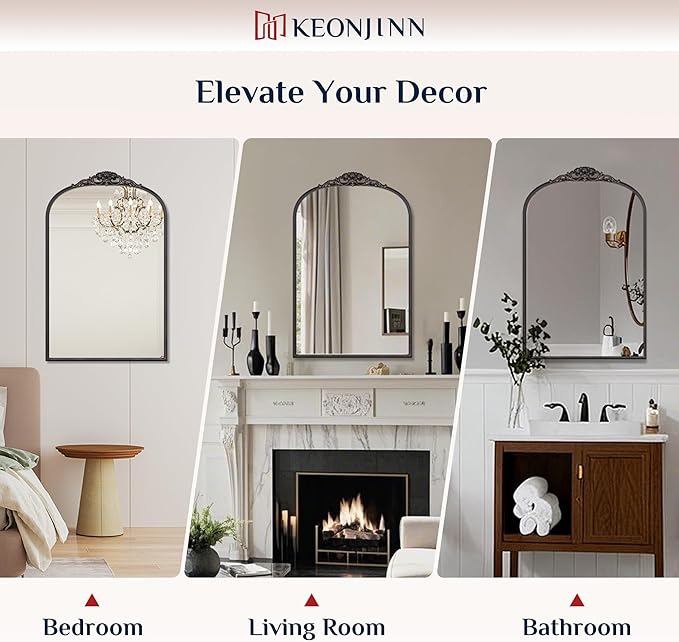 Keonjinn Vinatge Mirror 24" x 36", Black Wall Mirror Decorative, Antique Decor with Metal Frame, Baroque Arched Mirror for Mantle, Bathroom, Living Room, Hallway, Fireplace