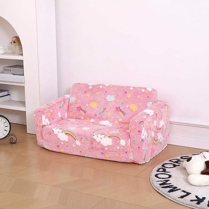 Foldable Kids Sofa Extra Wide for 2 Seats, Soft Kids Fold Out Couch Glow in The Dark,Convertible Sofa to Lounger Toddler Sofa Chair(Rainbow)