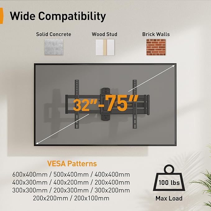 Perlegear Corner TV Wall Mount Long Arm TV Mount Bracket for 32-75 Inch TVs-Full Motion TV Wall Mount with 32.37” Extension & Swivel Articulating Arm & Tilt, MAX VESA 600x400mm, Holds up to 100 lbs