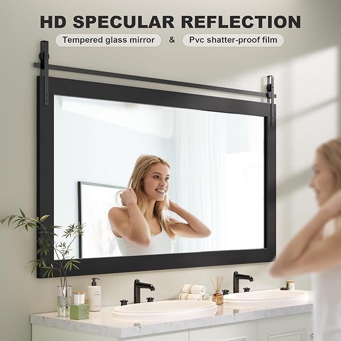 Hasipu Farmhouse Bathroom Mirror, 40"x26" Rustic Wood Framed Wall Mounted Mirror, Black Vintage Vanity Mirror Barn Door Style Decrative Mirrors