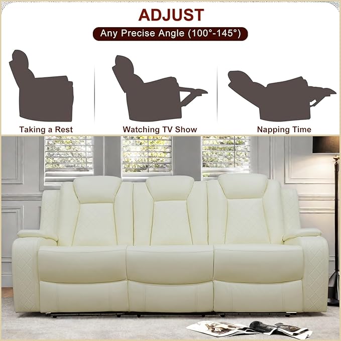 Leather Recliner Sofa Couch, 3-Seater Home Theater Seating Reclining Sofa, Power Reclining Couch with Cup Holders & Drop Down Table for Living Room Furniture Sets, White