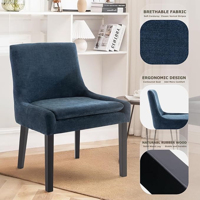 COLAMY Modern Dining Chairs Set of 4, Upholstered Corduroy Accent Side Leisure Chairs with Mid Back and Wood Legs for Living Room/Dining Room-Blue
