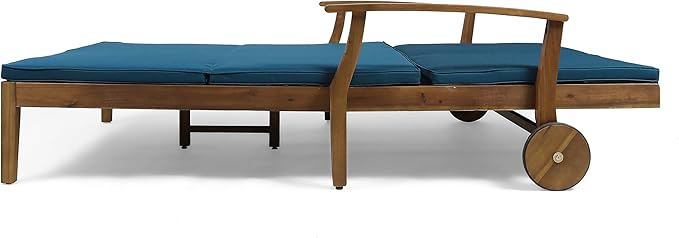 Christopher Knight Home Samantha Double Chaise Lounge for Yard and Patio, Acacia Wood Frame, Teak Finish with Blue Cushions