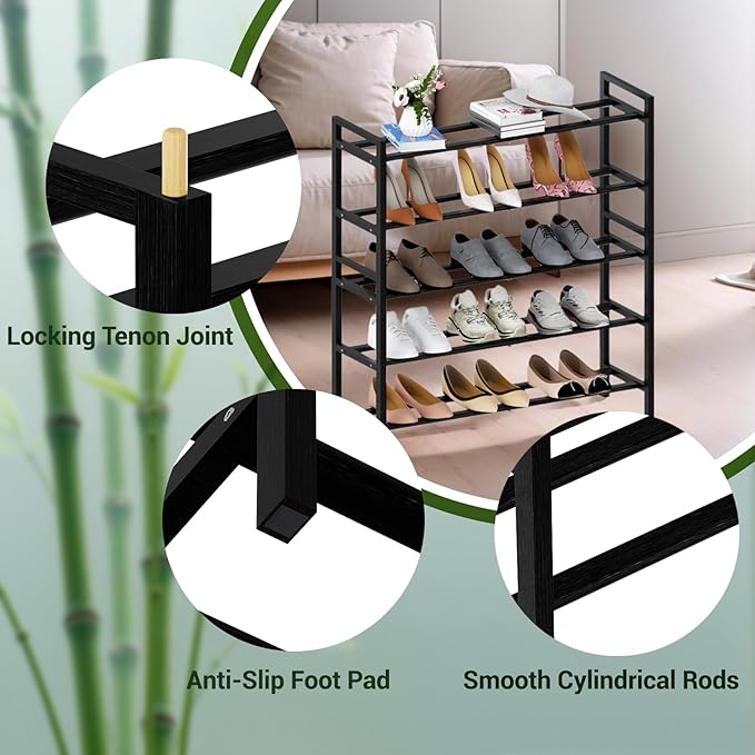 Haddockway Bamboo Shoe Rack for Closet, Free Standing Shoe Organizer with Smooth Round Rods & Convenient Handles, Stackable Shoe Storage Shelf for Entryway, Hallway(Brown, 5-Tier)