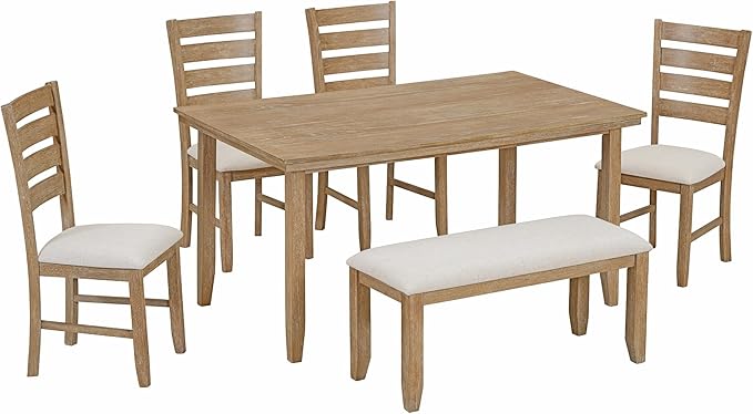 SogesPower 6-Piece Rustic Dining Table Set for 4-6,Rectangular Farmhouse Kitchen Table Set with 4 Chairs & 1 Bench for Dining Room Living Room,Natural Wood
