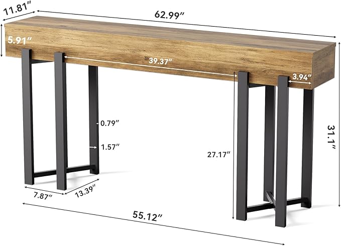 LITTLE TREE 63-Inch Console Table for Entryway, Industrial Behind Couch Table, Minimalist Sofa Table for Living Room, Rustic Brown Wooden Hallway Foyer Table with Black Metal Frame