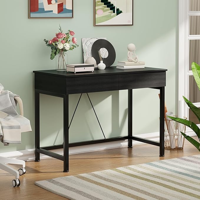 CAIYUN Small Computer Desk with Drawers, 39.4 Inch Home Office Desks with Storage, Simple Modern Kids Desk, Vanity Desk for Bedroom, Work Study Writing Desk Table for Small Spaces (Black, Wooden)