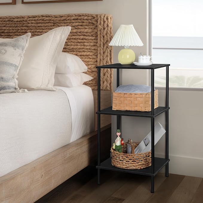 Tall Side Table with Storage 3 Tier Black End Table Metal Storage Shelves for Living Room Bedroom Bathroom Small Slim Table for Office