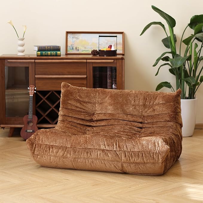 N&V Fireside Chair, Mid Century Armless Floor Sofa, Soft Premium Chenille Floor Lounge Chair, Foam Sofa Accent Chair for Living Room Bedroom and Office (Brown, Loveseat)