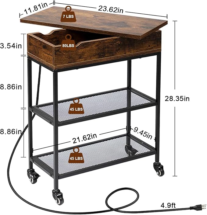 Hadulcet End Table with Charging Station, Couch End Tables Rotating Top Skinny Nightstand with Outlet for Living Room Bedroom Rustic Brown