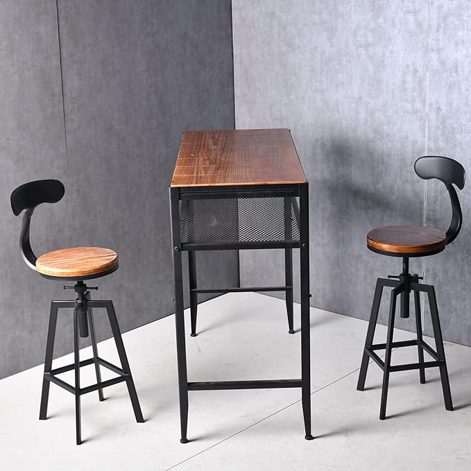 Set of 2 Industrial Bar Stools with Backrest Swivel Wooden Seat Height Adjustable 25-32inchKitchen Island Stool Breakfast Dining Chair