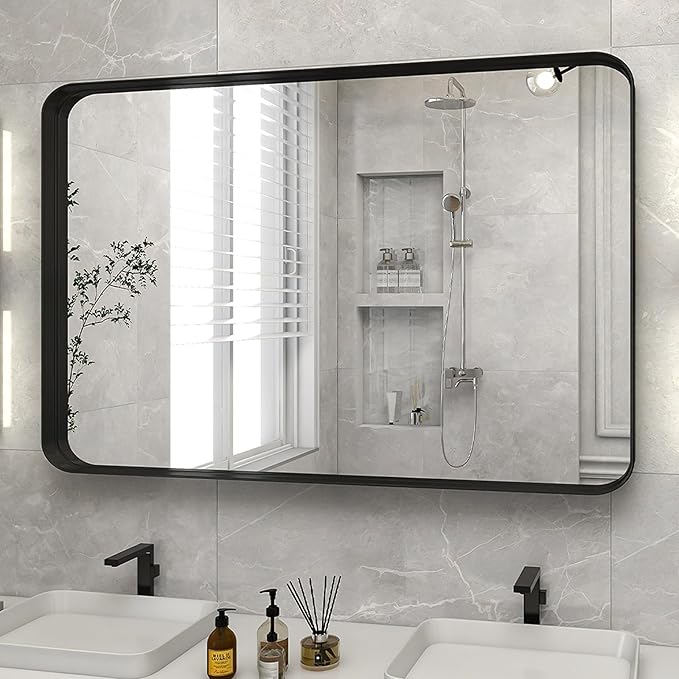 Bathroom Mirror 24x36 inch, Black Gorgeous Deep Frame Wall Mirror, Modern Round Corner Bathroom Vanity Mirror for Bedroom, Living Room, Hanging or Leaning Horizontal or Vertical, Black