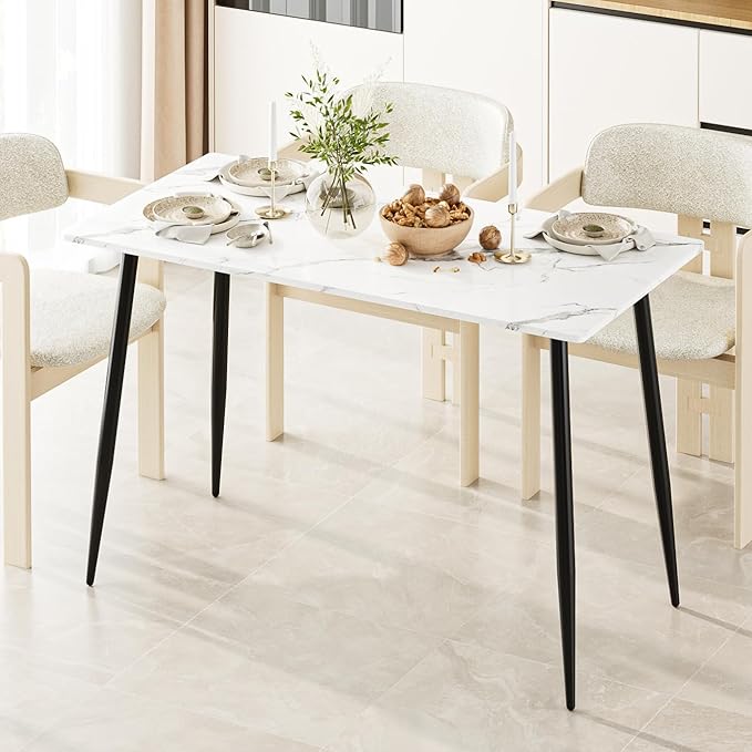 Garden 4 you Wood Dining Table for 4-6 People, Modern Rectangular Indoor Dinner Table, 47" Metal Frame Kitchen Table with Legs for Kitchen, Dining Room, Living Room, White