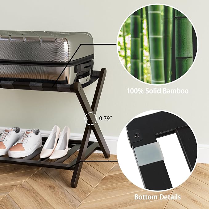 Fully Assembled Black Luggage Rack, Suitcase Stand with Shoe Shelf, Folding Wooden Luggage Stand for Guest Room, Bedroom, Hotel
