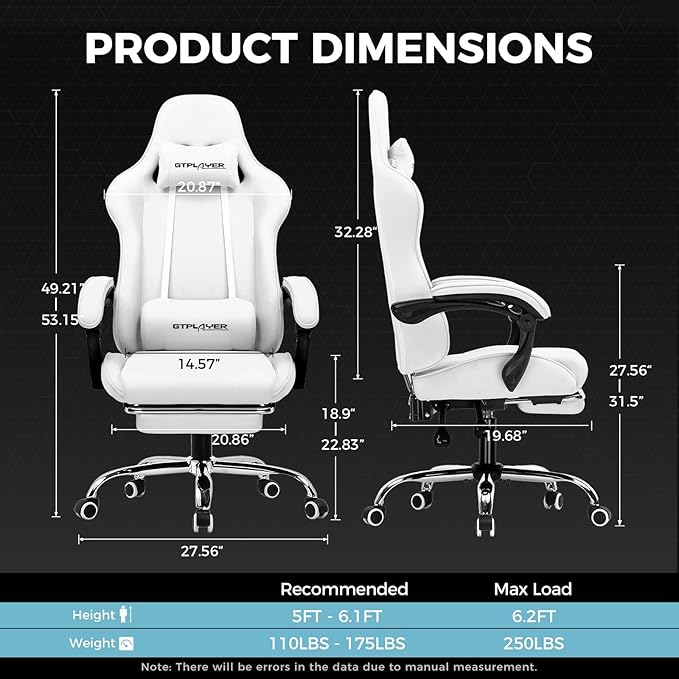 GTPLAYER Gaming Chair with Footrest, Computer Chair with and Lumbar Support, Height Adjustable Game Chair with 360°-Swivel Seat and Headrest and for Office or Gaming (All Light Gray-Fabric)