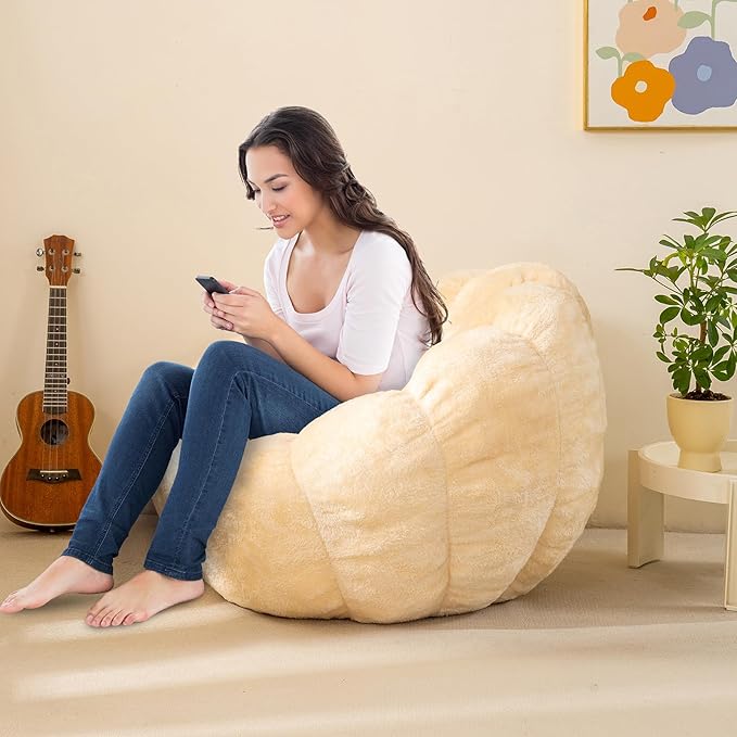 Pumpkin Bean Bag Sofa Chair, Bean Bag Chair with Filler for Teens, Kids, Toddler, Comfy and Lazy Sofa for Dorm, Apartment, Living Room and Bedroom, Ivory