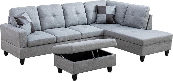 Couches for Living Room Modern L Shaped Couch Comfy Linen Fabric 3 Pieces Sectional Sofa with Chaise, Ottoman with Storage for Office and Small Apartment, Grey