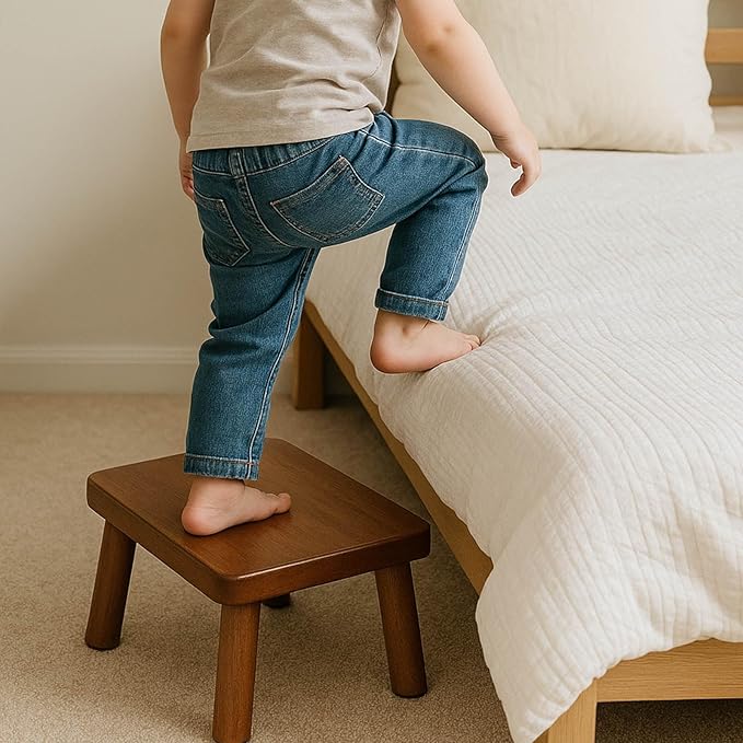 Wooden Step Stool, Foot Stool with Non-Slip Mat, One Step Stool, Small Stool for High Beds, Office, Bedroom, Bathroom (Brown, Small)