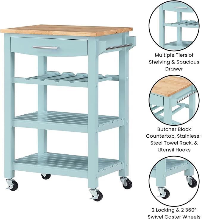 Convenience Concepts Ellaine Butcher Block Kitchen Cart 24.75" - 4 Tier Kitchen Island with Storage Drawer, Dining Room Wine Rack on Wheels, Coffee Station Table, Mobile Utility Trolley, Sea Foam