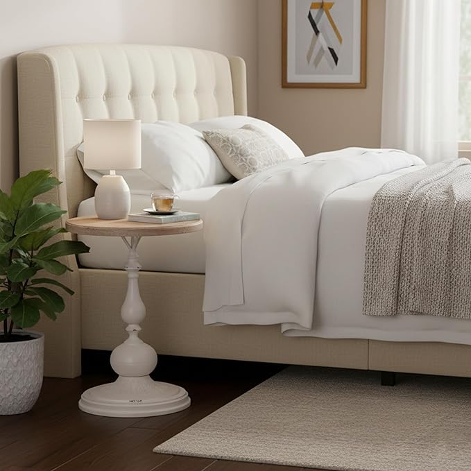 Round Side Table Living Room, Vintage End Table, French Country Round Table with Cedar Wood Accent Table for Bedroom, Entryway, Home Decor White