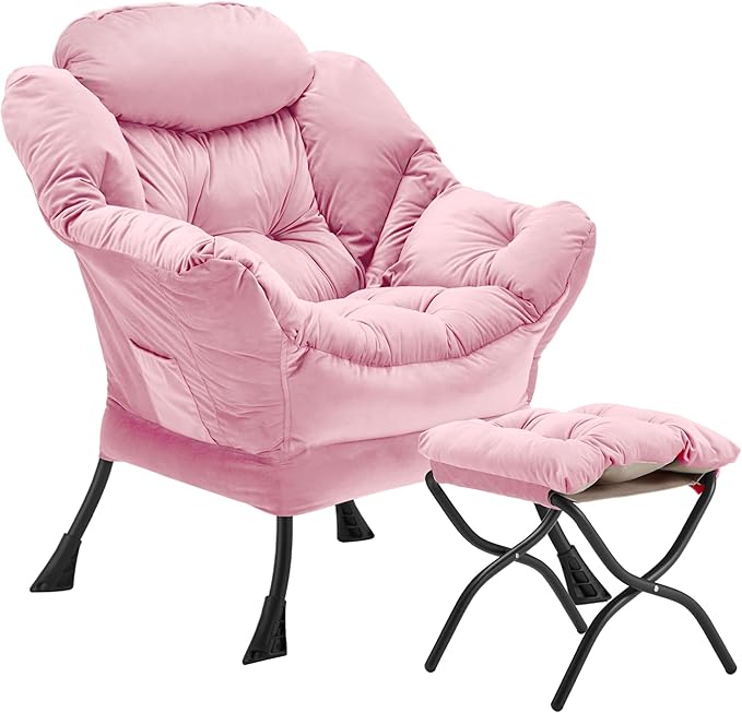 Lazy Chair with Folding Ottoman, Accent Chair Velvet Upholstered with Metal Structure and Non-Slip Pads, Sofa Armchair with Footrest and Side Storage Bag for Dorm, Room, Office, Pink