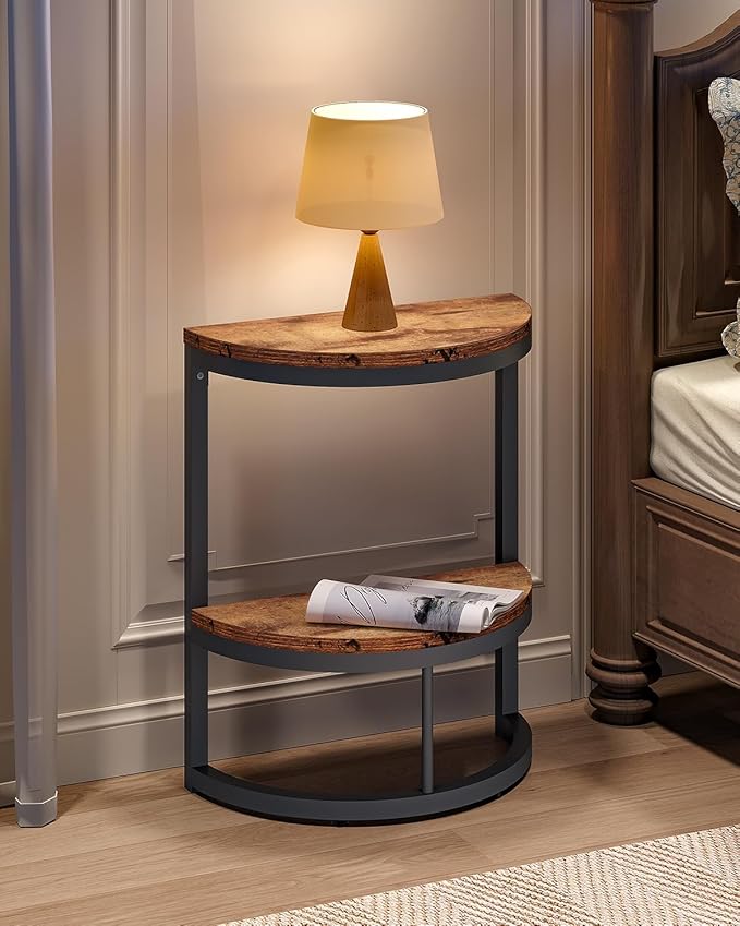LITTLE TREE 2-Tier End Table Half Round with Storage Shelf, Small Side Table Space Saving Narrow Accent Table for Living Room Sofa Couch, Bedroom, Rustic Brown