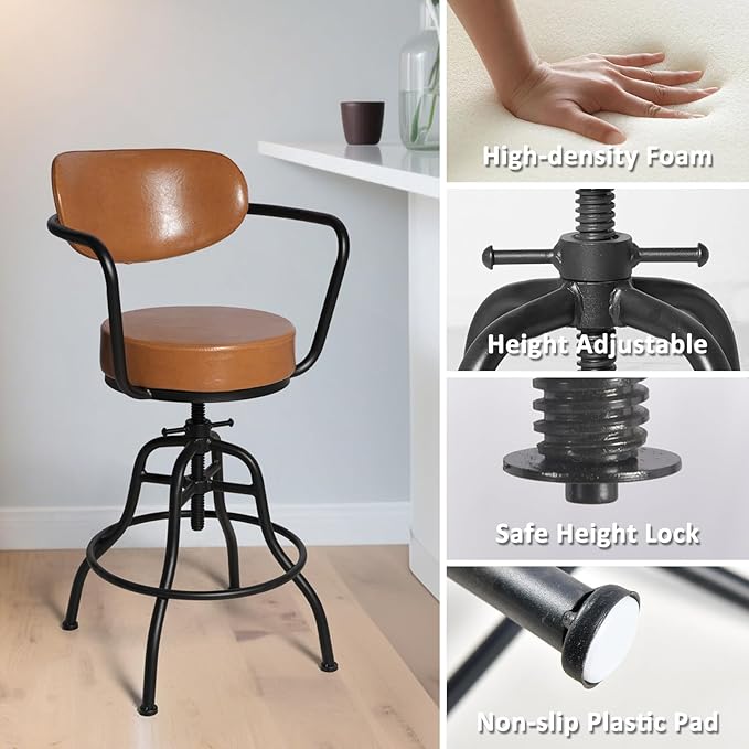Diwhy Industrial Design Adjustable Height 21.65" - 26" Brown Leather Upholstered Backrest Seat Arm Chair Vintage Counter Stool