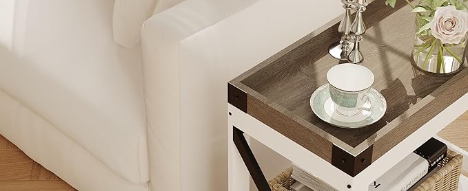 Narrow Side Table, Farmhouse End Table with Charging Station for Small Spaces, with 2 USB and 2 Power Outlets, 21.7" L x 10" W x 21.7" H