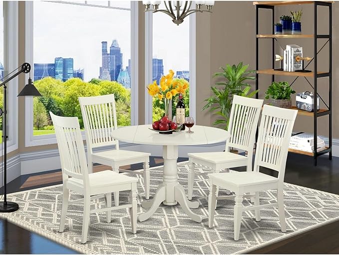 East West Furniture DLWE5-WHI-W 5 Piece Dining Table Set for 4 Includes a Round Kitchen Table with Dropleaf and 4 Dining Room Chairs, 42x42 Inch, Linen White