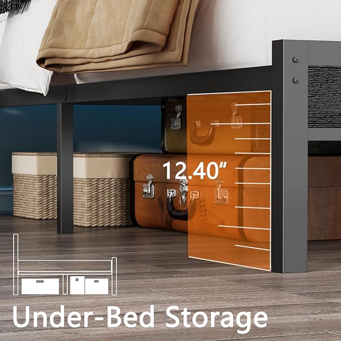 Furnulem Full Size Bed Frame with Headboard & 2 Fabric Drawers, Full Platform Bed Featuring LED Lights, Built-in Charging Station & Storage Shelves, Metal Slats, No Box Spring Needed – Black Oak