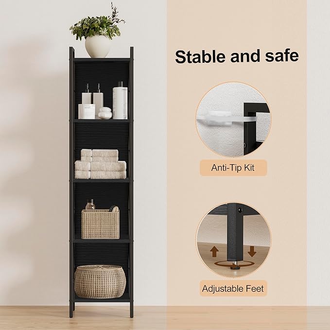 Homhedy 5 Tier Bookshelf Bookcase, Tall Narrow Bookshelf for Small Space, Metal Storage Shelves with Back Panel, for Home Office, Living Room, Kitchen, Bedroom, Industrial Style, Black