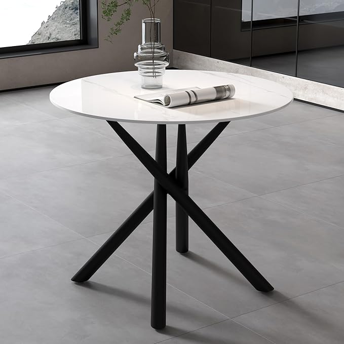 White Marble Round Dining Table with Black Metal Legs, 32 in Modern Sintered Stone Kitchen Table Circle Table for Dining Room Kitchen
