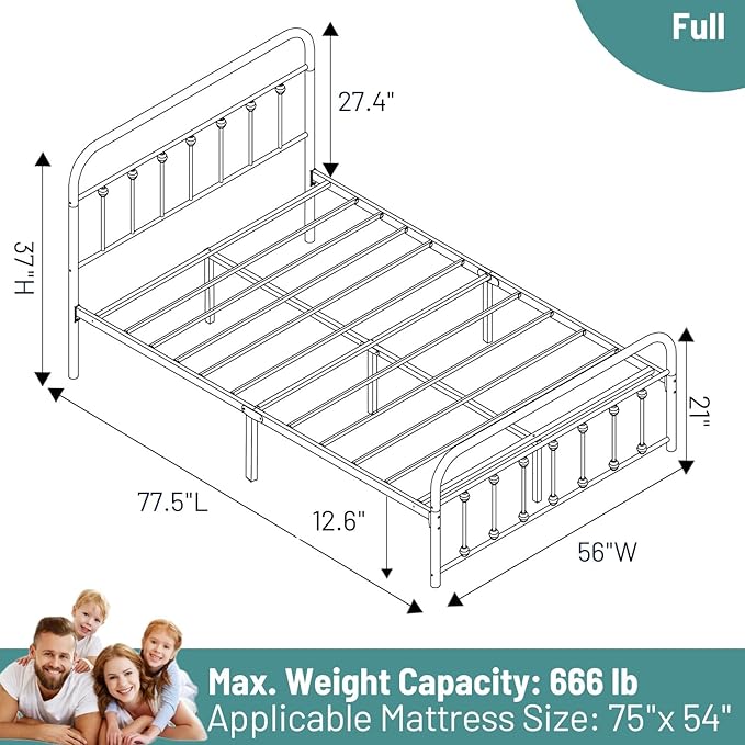 Full Size Bed Frame-Classic Metal Platform Bed Frame Mattress Foundation with Victorian Style Iron-Art Headboard/Footboard/Under Bed Storage/No Box Spring Needed/Black